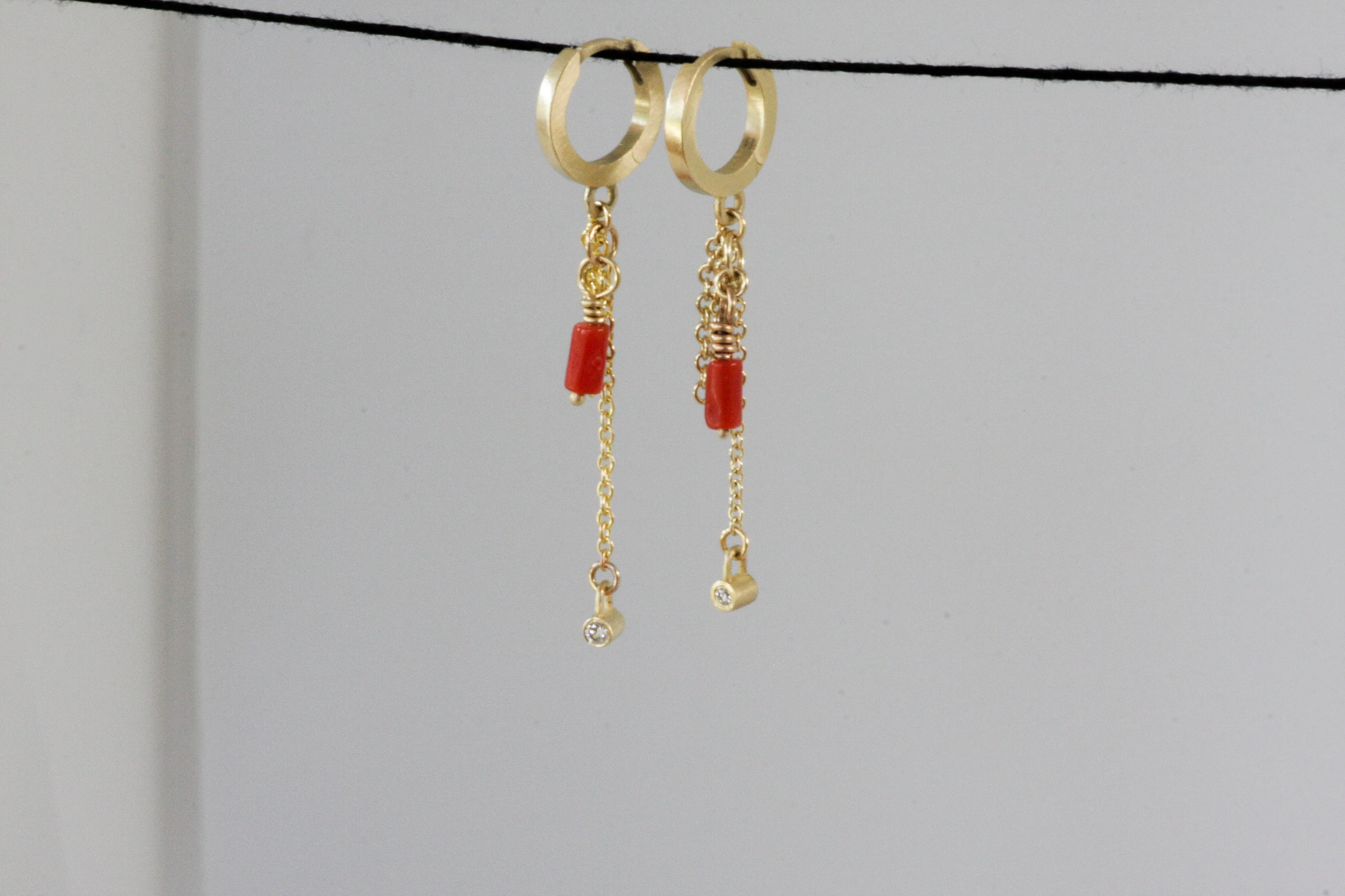 Gold Huggie With Chain, Coral & Diamond