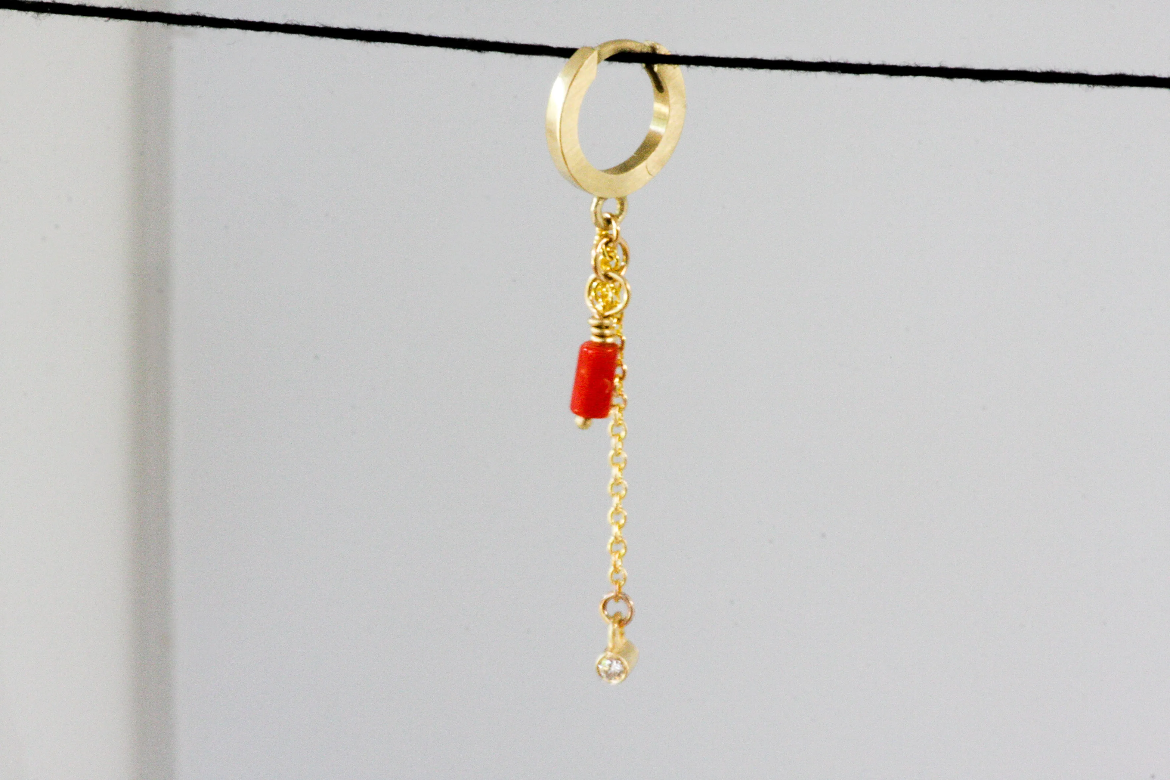 Gold Huggie With Chain, Coral & Diamond