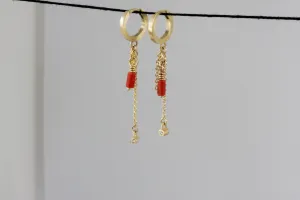 Gold Huggie With Chain, Coral & Diamond