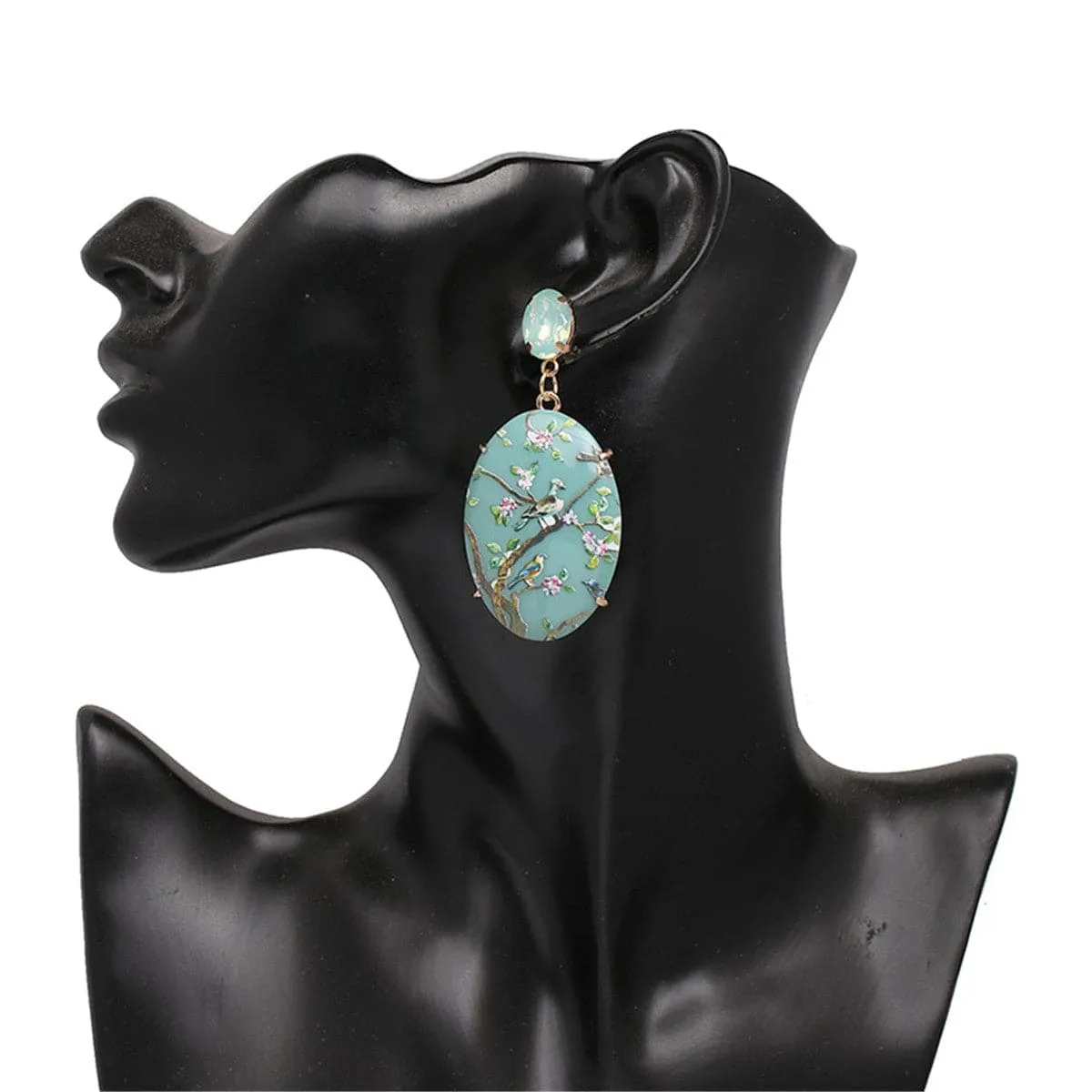 Green Crystal & 18K Gold-Plated Bird Branch Oval Drop Earrings