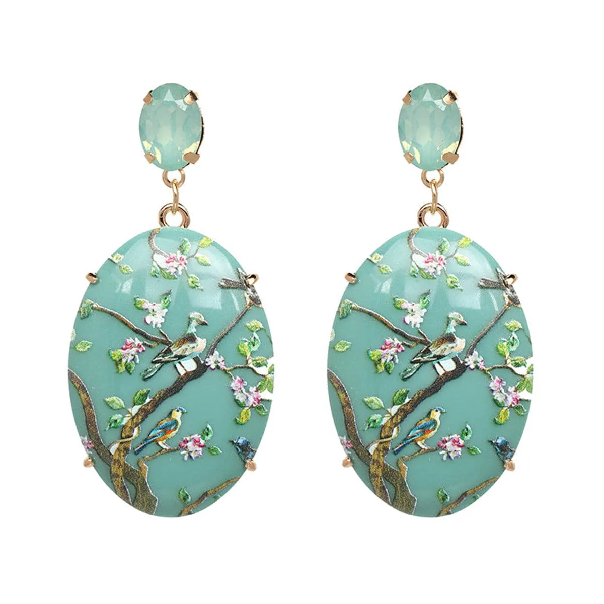Green Crystal & 18K Gold-Plated Bird Branch Oval Drop Earrings