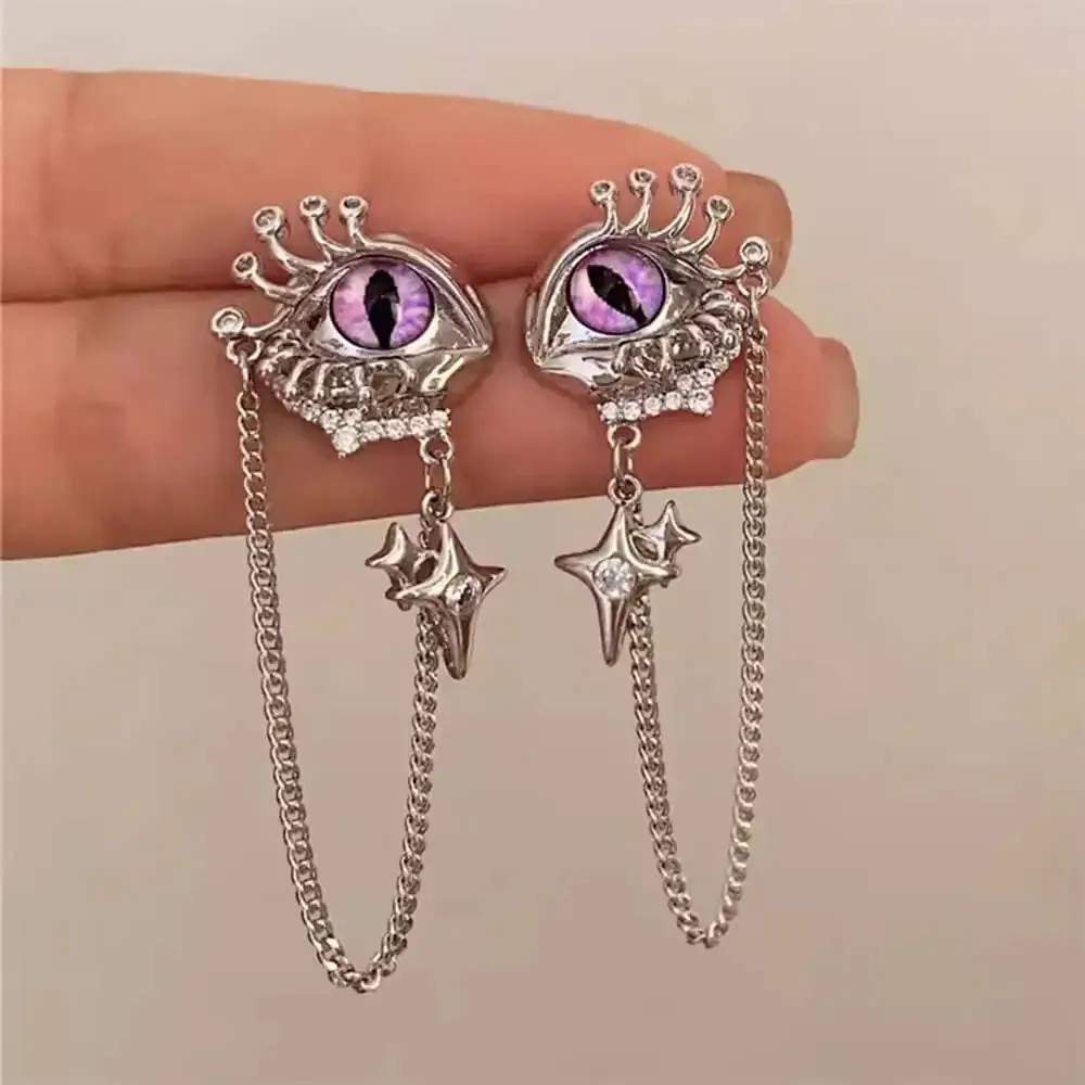 Grunge Aesthetic Eyes Earrings with Purple Gems and Star Charms
