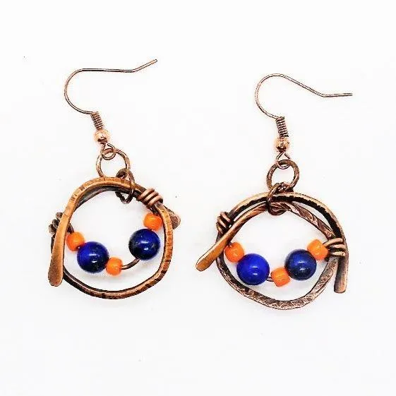 Handmade Solid Copper Wrapped Free-Dangling Earrings with Semi-Precious Gemstones & Glass Beads