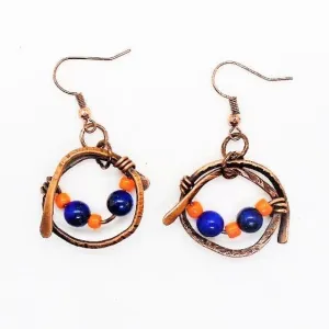 Handmade Solid Copper Wrapped Free-Dangling Earrings with Semi-Precious Gemstones & Glass Beads