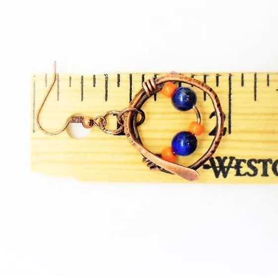 Handmade Solid Copper Wrapped Free-Dangling Earrings with Semi-Precious Gemstones & Glass Beads