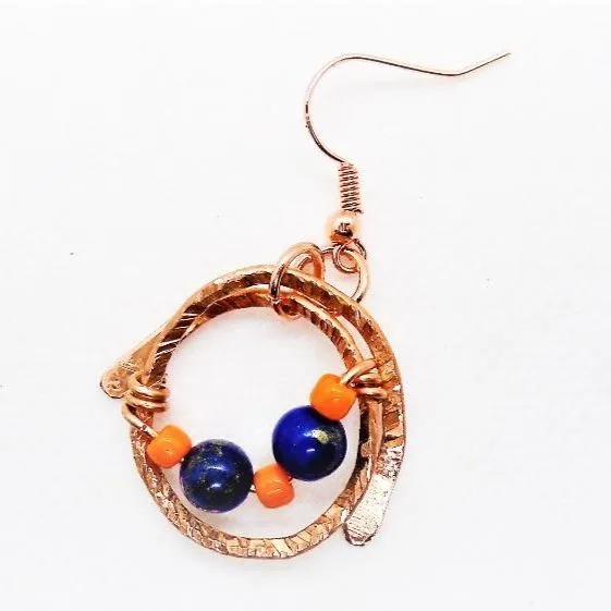 Handmade Solid Copper Wrapped Free-Dangling Earrings with Semi-Precious Gemstones & Glass Beads