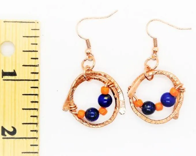 Handmade Solid Copper Wrapped Free-Dangling Earrings with Semi-Precious Gemstones & Glass Beads