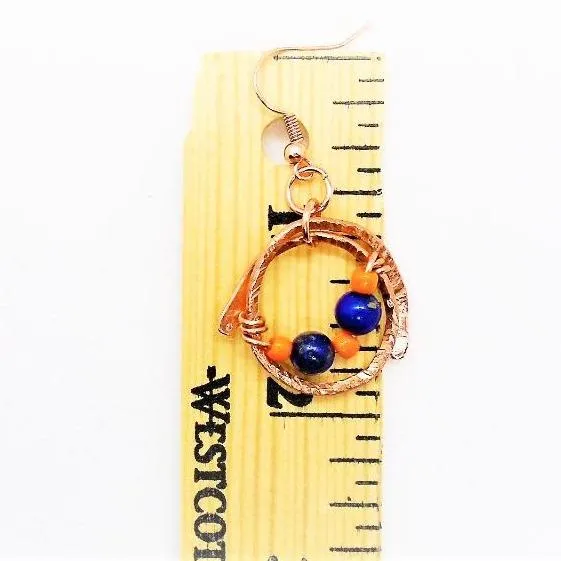 Handmade Solid Copper Wrapped Free-Dangling Earrings with Semi-Precious Gemstones & Glass Beads