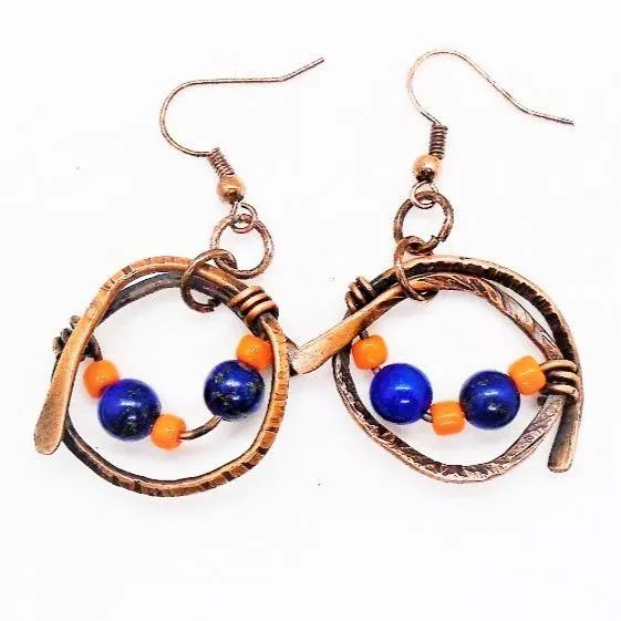 Handmade Solid Copper Wrapped Free-Dangling Earrings with Semi-Precious Gemstones & Glass Beads