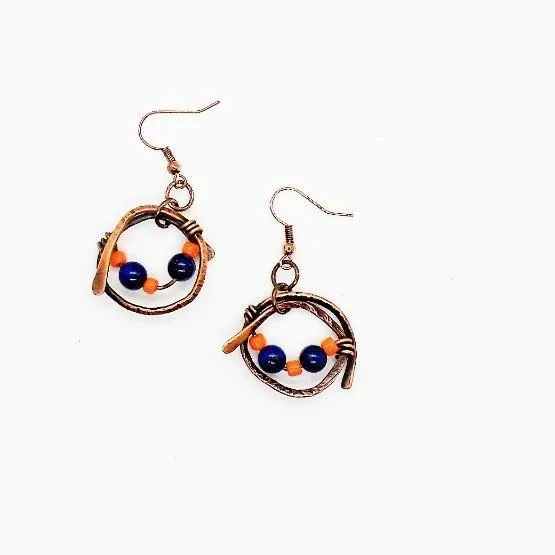 Handmade Solid Copper Wrapped Free-Dangling Earrings with Semi-Precious Gemstones & Glass Beads