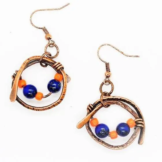 Handmade Solid Copper Wrapped Free-Dangling Earrings with Semi-Precious Gemstones & Glass Beads