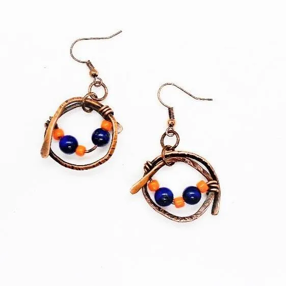 Handmade Solid Copper Wrapped Free-Dangling Earrings with Semi-Precious Gemstones & Glass Beads