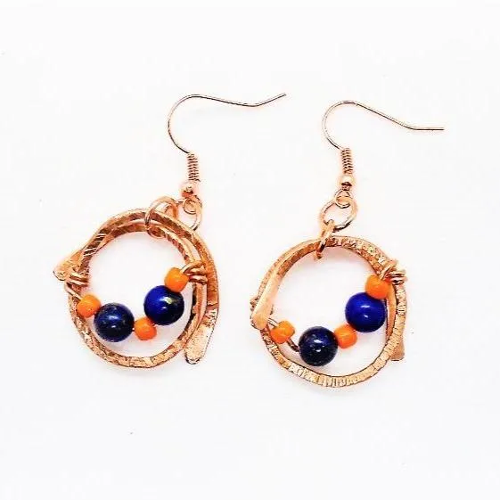 Handmade Solid Copper Wrapped Free-Dangling Earrings with Semi-Precious Gemstones & Glass Beads