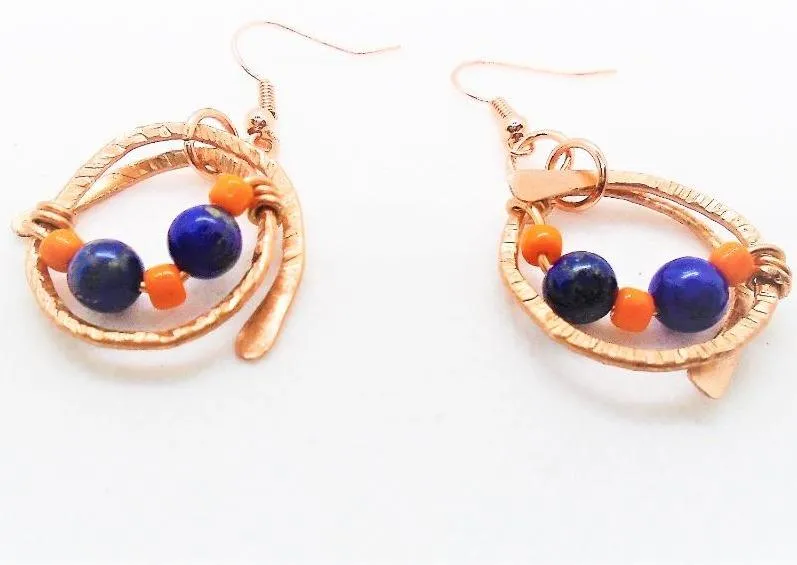 Handmade Solid Copper Wrapped Free-Dangling Earrings with Semi-Precious Gemstones & Glass Beads