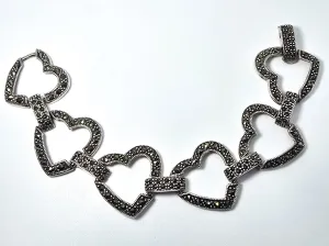 Heart Link marcasite solid thick sterling silver vintage retro open link bracelet