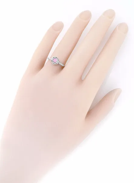 Hexagonal Art Deco Pink Sapphire Filigree Engagement Ring in 14K White Gold