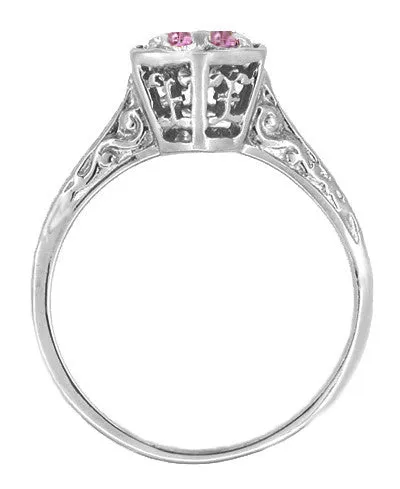 Hexagonal Art Deco Pink Sapphire Filigree Engagement Ring in 14K White Gold