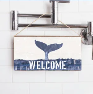 Indigo Welcome Whale Tail Twine Hanging Sign