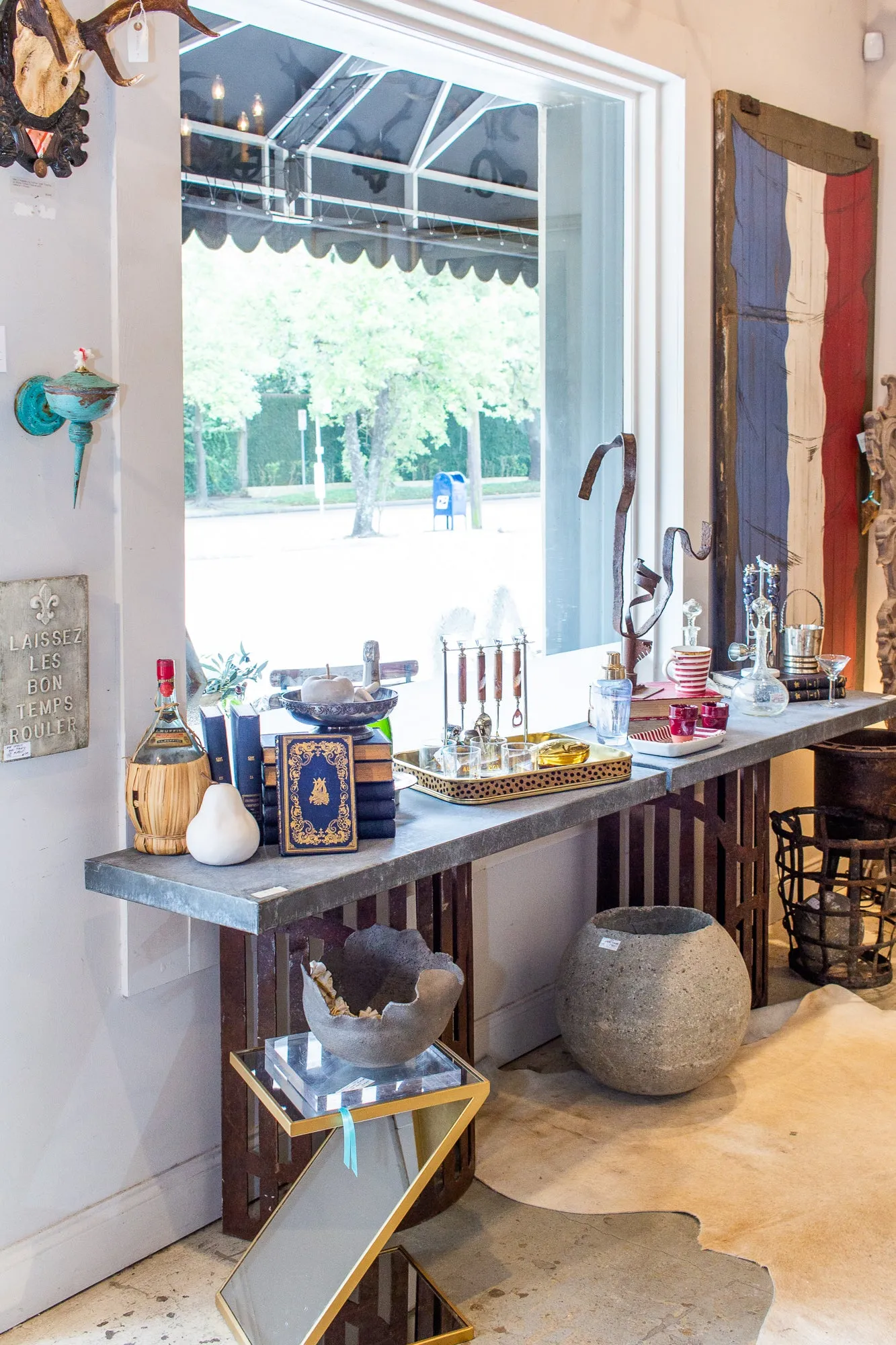 Industrial Zinc Console on Repurposed Iron Base (Pair available)