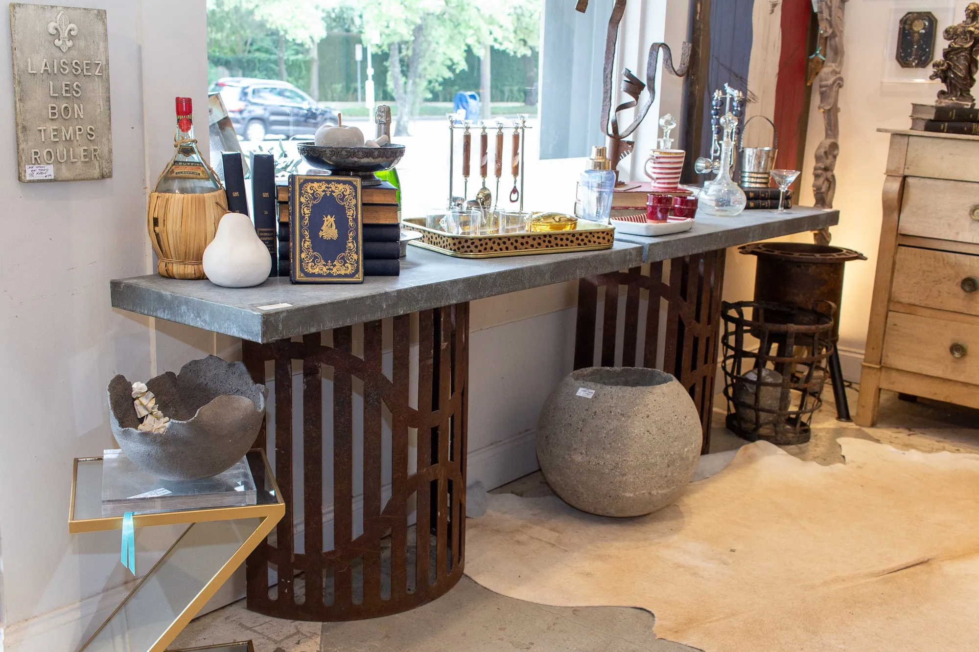 Industrial Zinc Console on Repurposed Iron Base (Pair available)