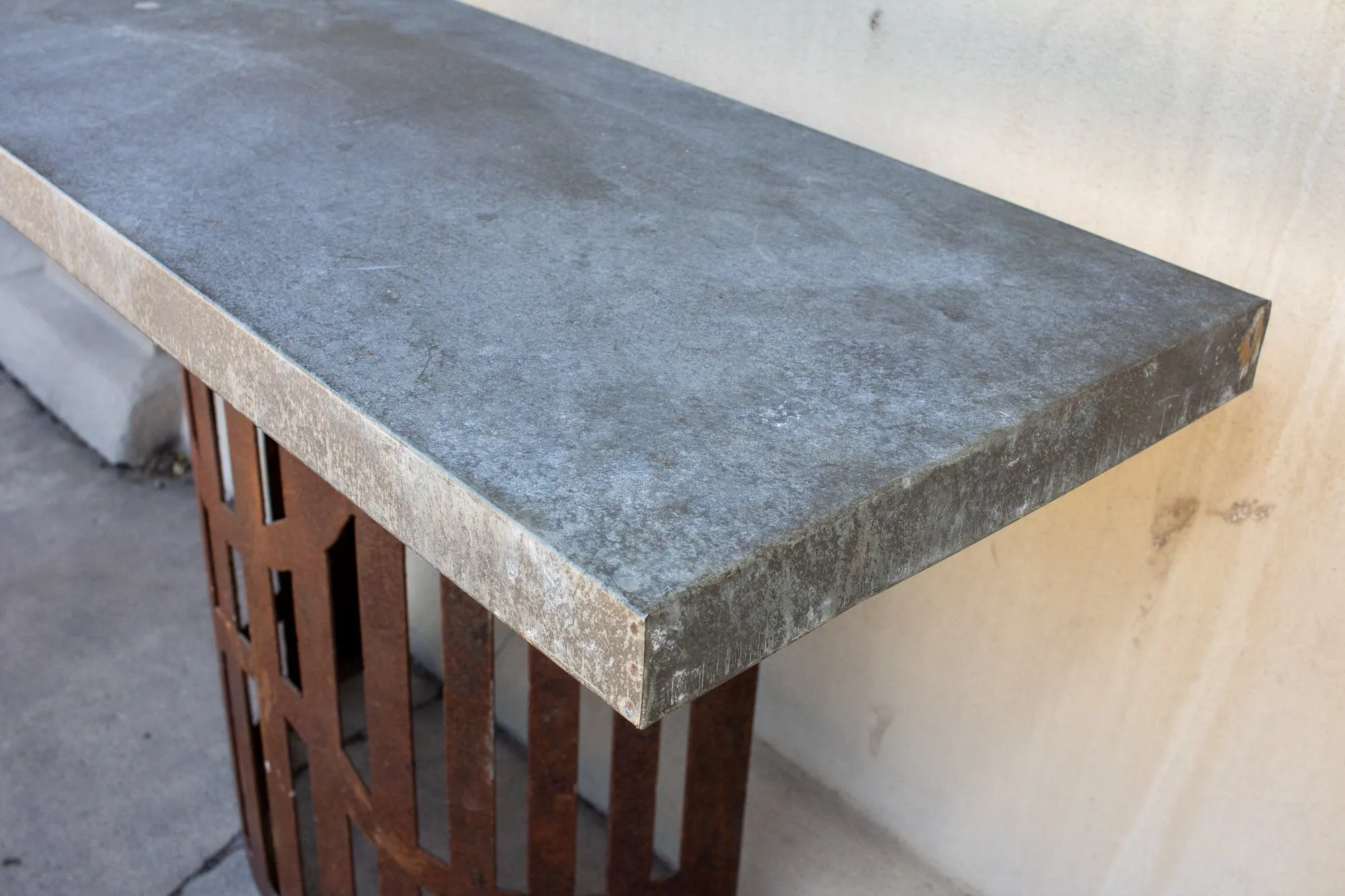 Industrial Zinc Console on Repurposed Iron Base (Pair available)