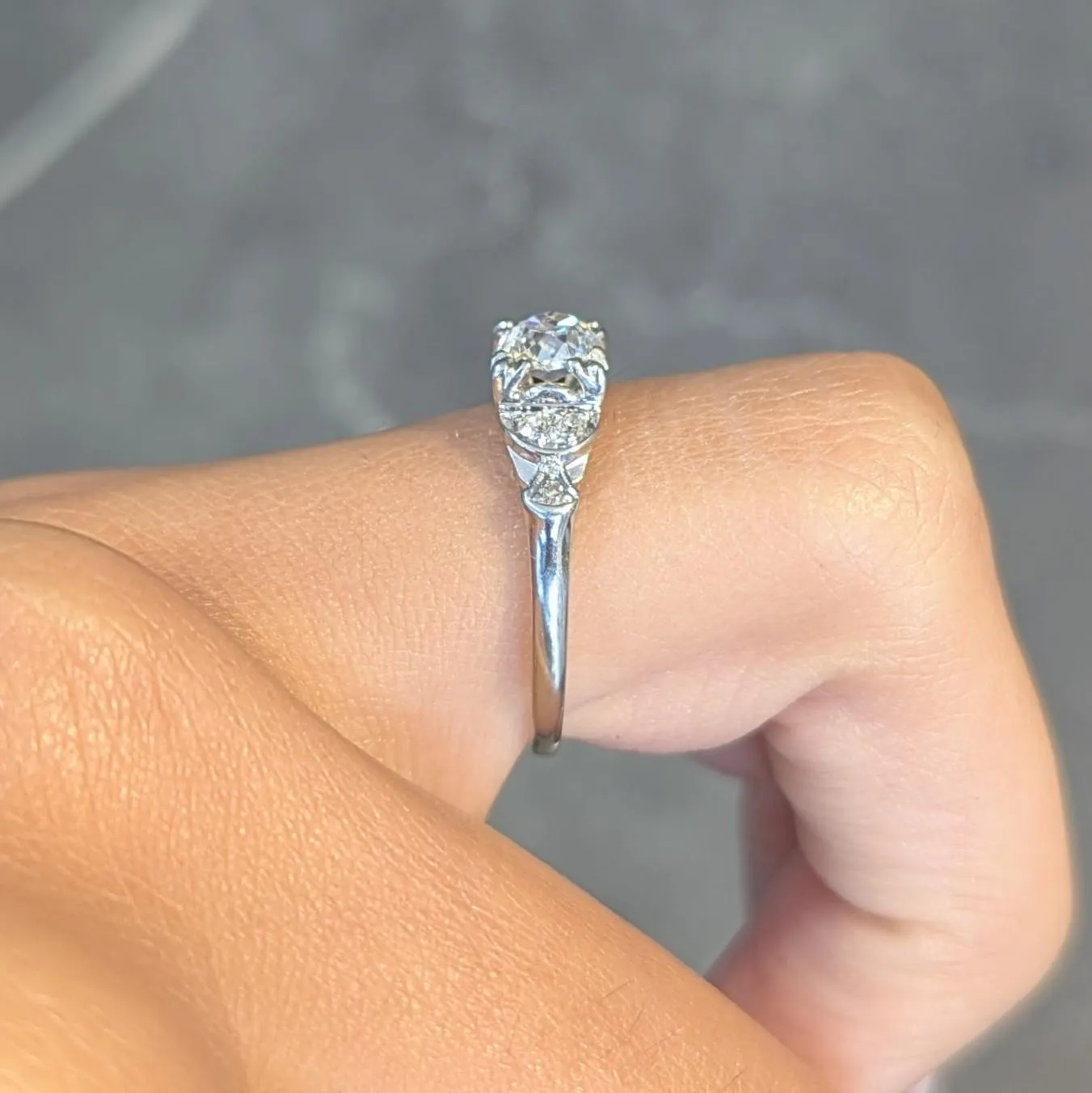 Jabel Art Deco 0.64 CTW Old Mine Cut Diamond 18 Karat White Gold Crescent Engagement Ring