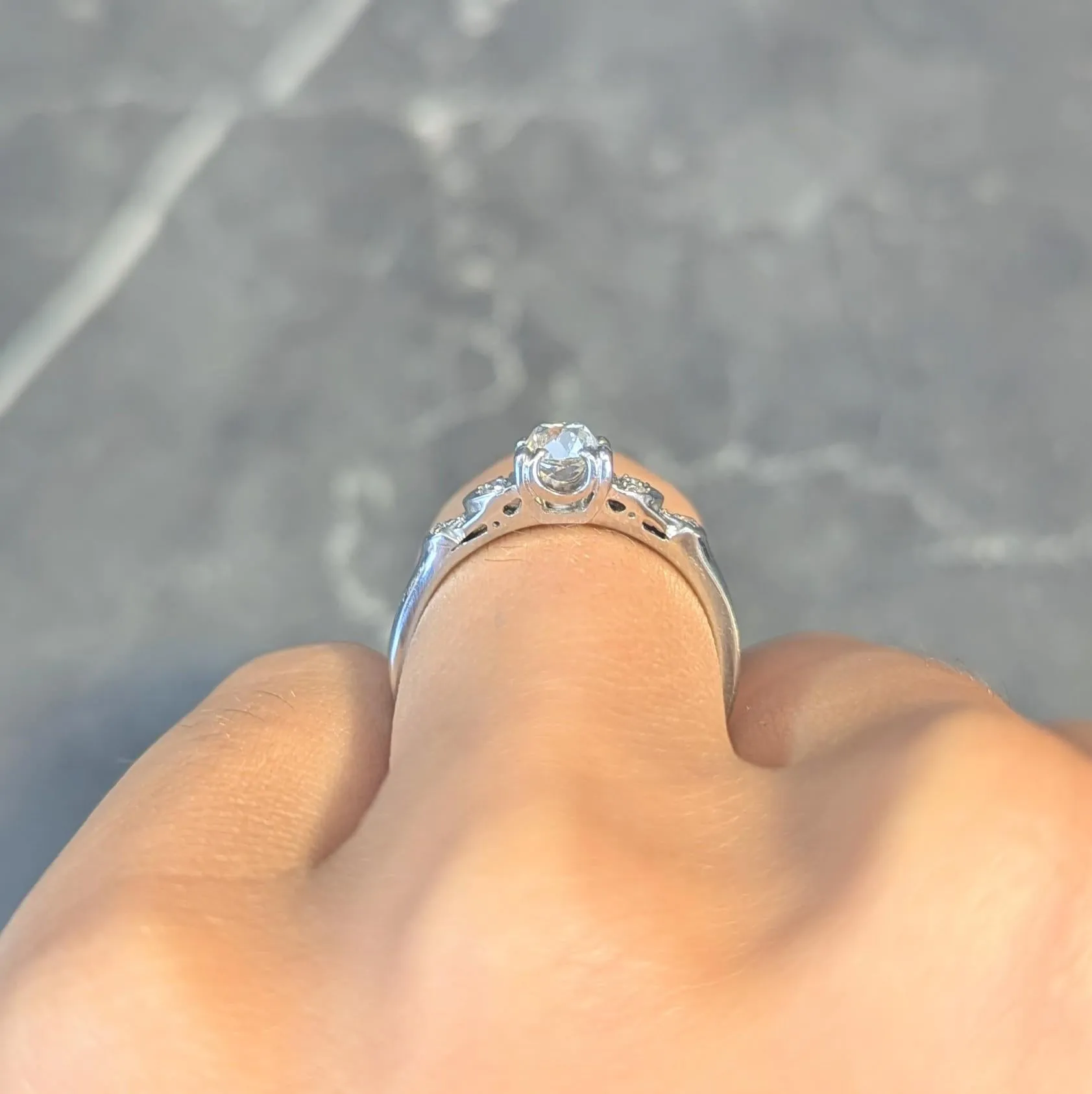 Jabel Art Deco 0.64 CTW Old Mine Cut Diamond 18 Karat White Gold Crescent Engagement Ring