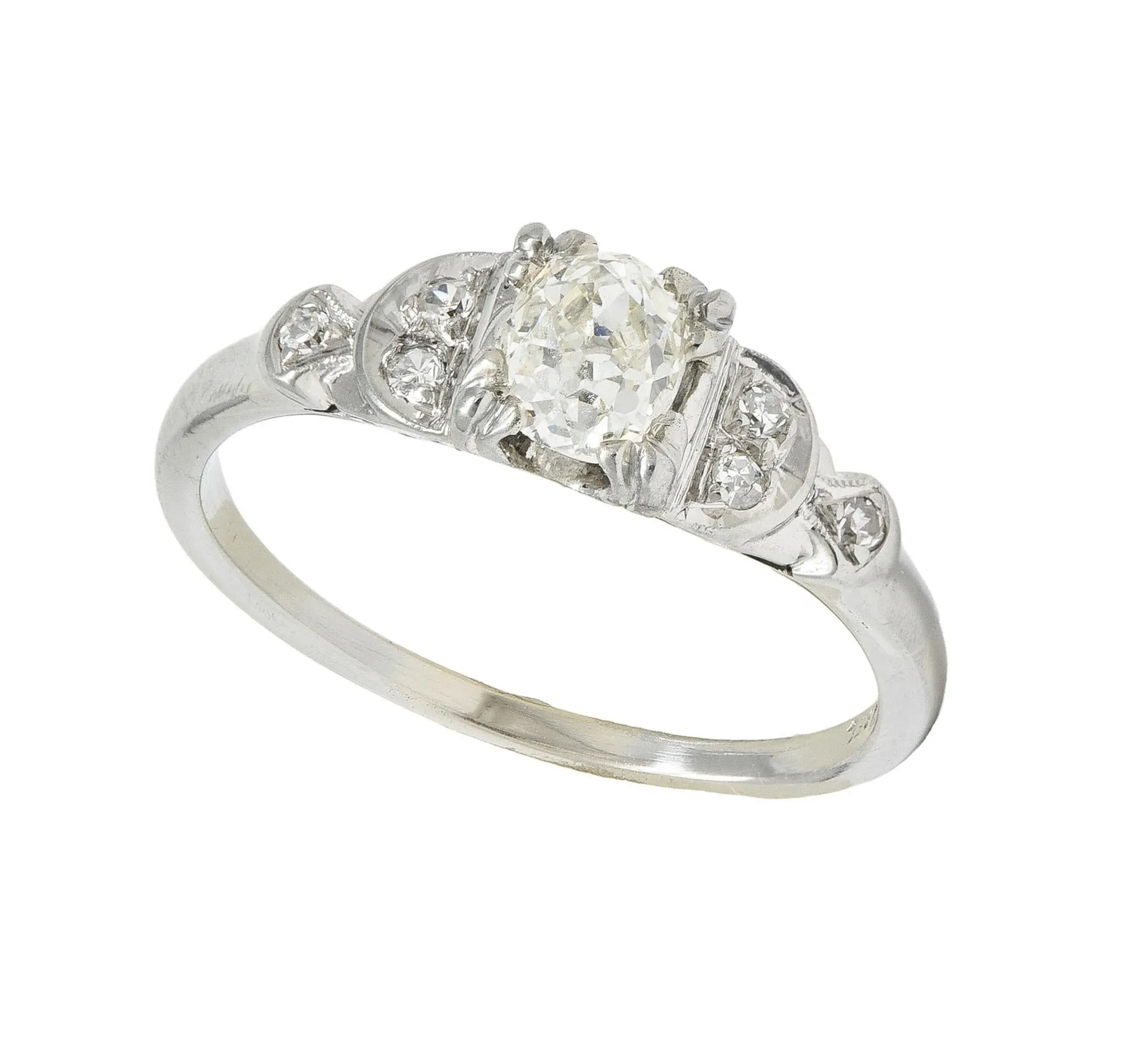 Jabel Art Deco 0.64 CTW Old Mine Cut Diamond 18 Karat White Gold Crescent Engagement Ring