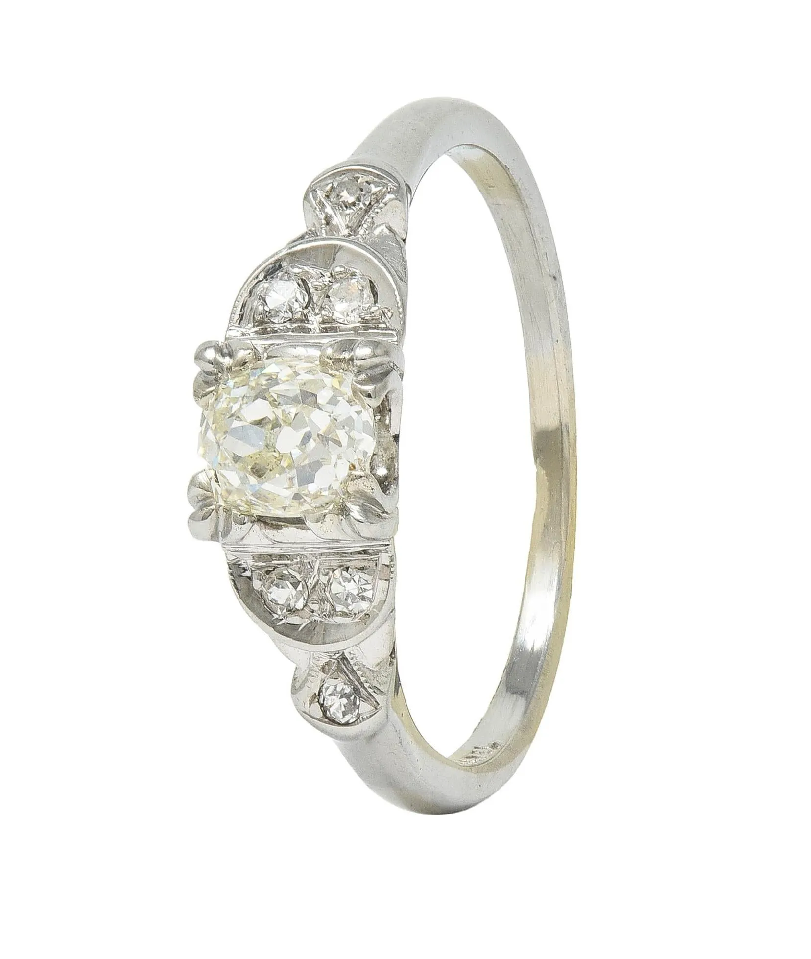 Jabel Art Deco 0.64 CTW Old Mine Cut Diamond 18 Karat White Gold Crescent Engagement Ring