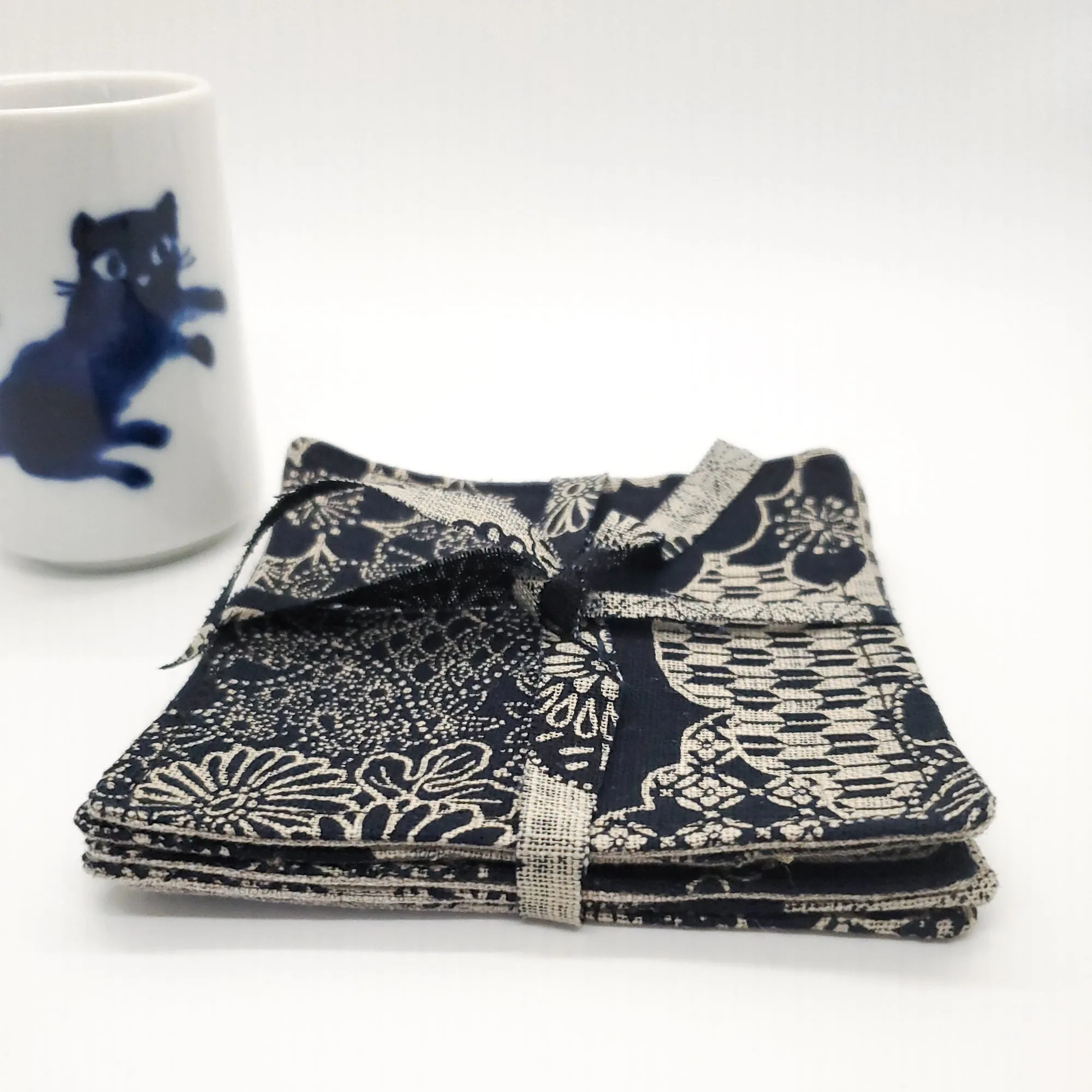 Japanese Cloth Coasters in Indigo Floral Blossom