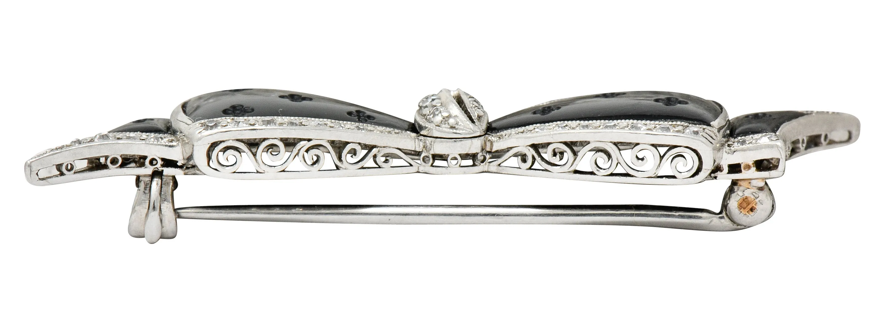 J.E. Caldwell Art Deco Diamond Onyx Platinum Bow Brooch