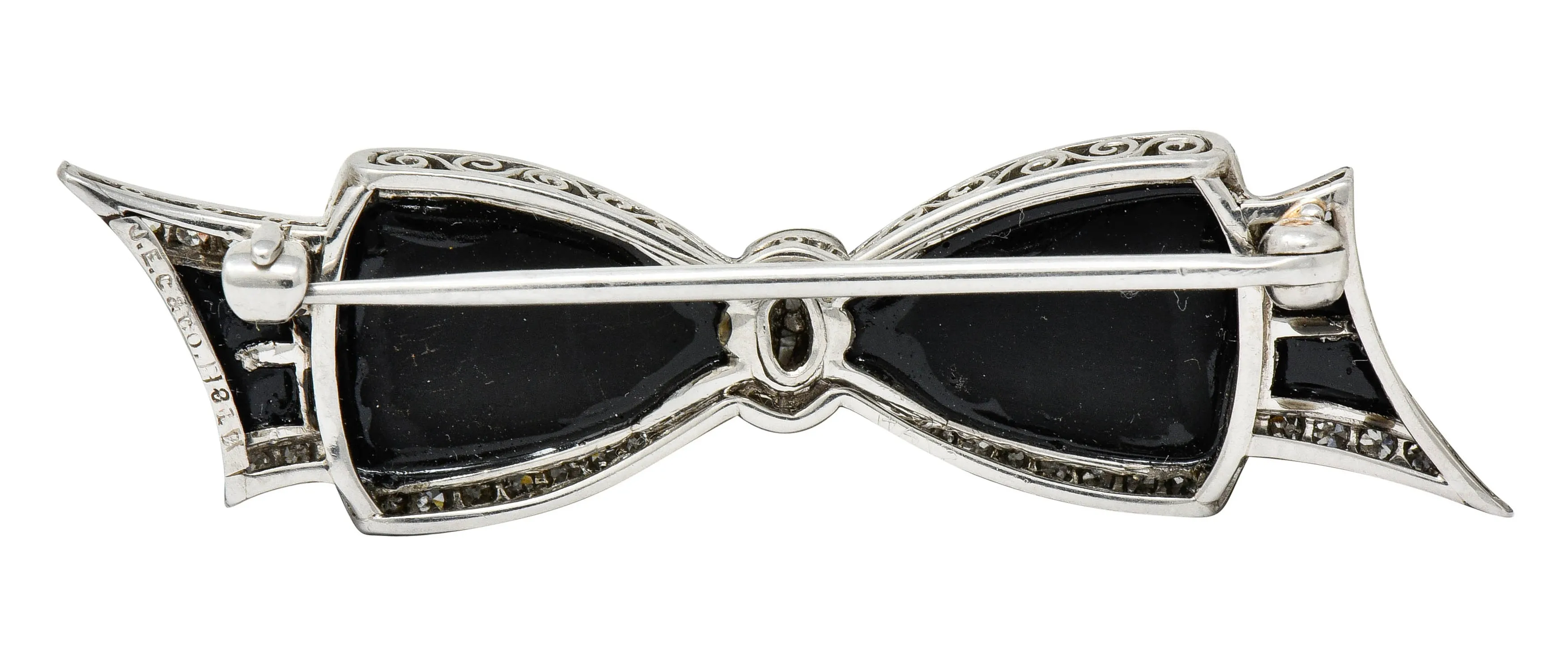 J.E. Caldwell Art Deco Diamond Onyx Platinum Bow Brooch