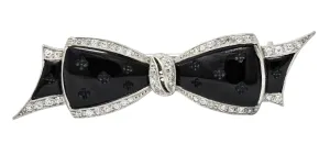 J.E. Caldwell Art Deco Diamond Onyx Platinum Bow Brooch