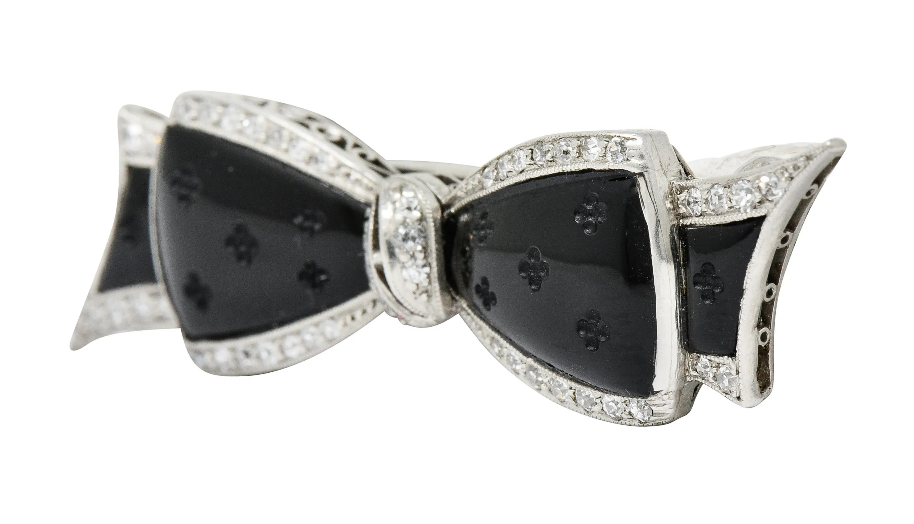 J.E. Caldwell Art Deco Diamond Onyx Platinum Bow Brooch