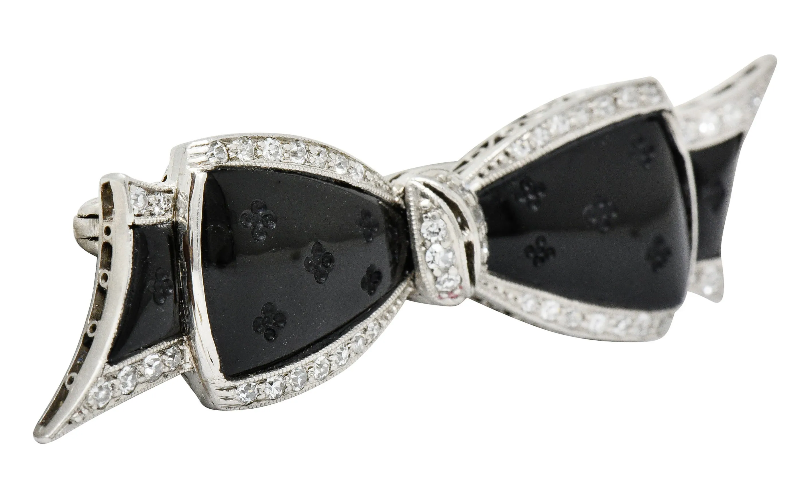 J.E. Caldwell Art Deco Diamond Onyx Platinum Bow Brooch