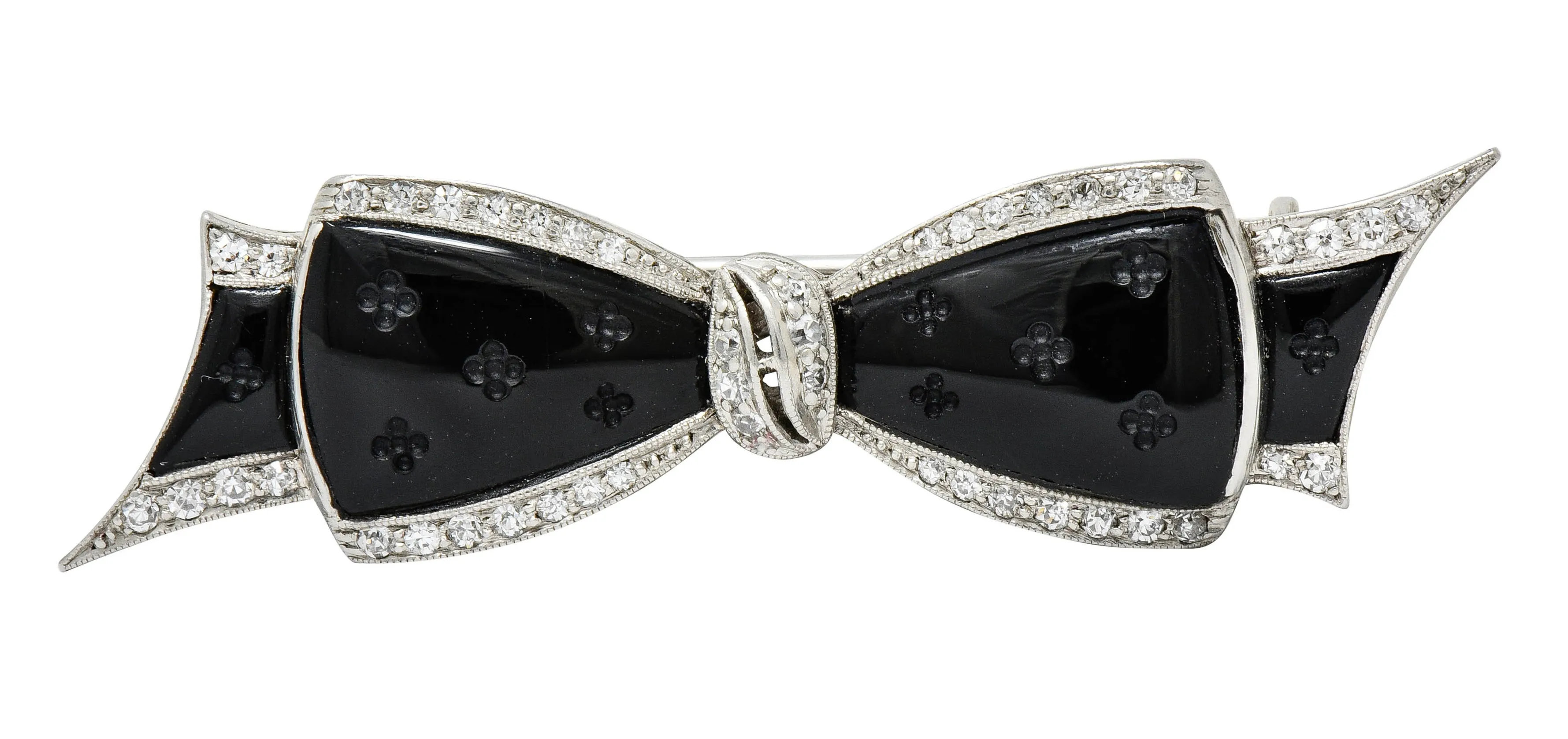 J.E. Caldwell Art Deco Diamond Onyx Platinum Bow Brooch