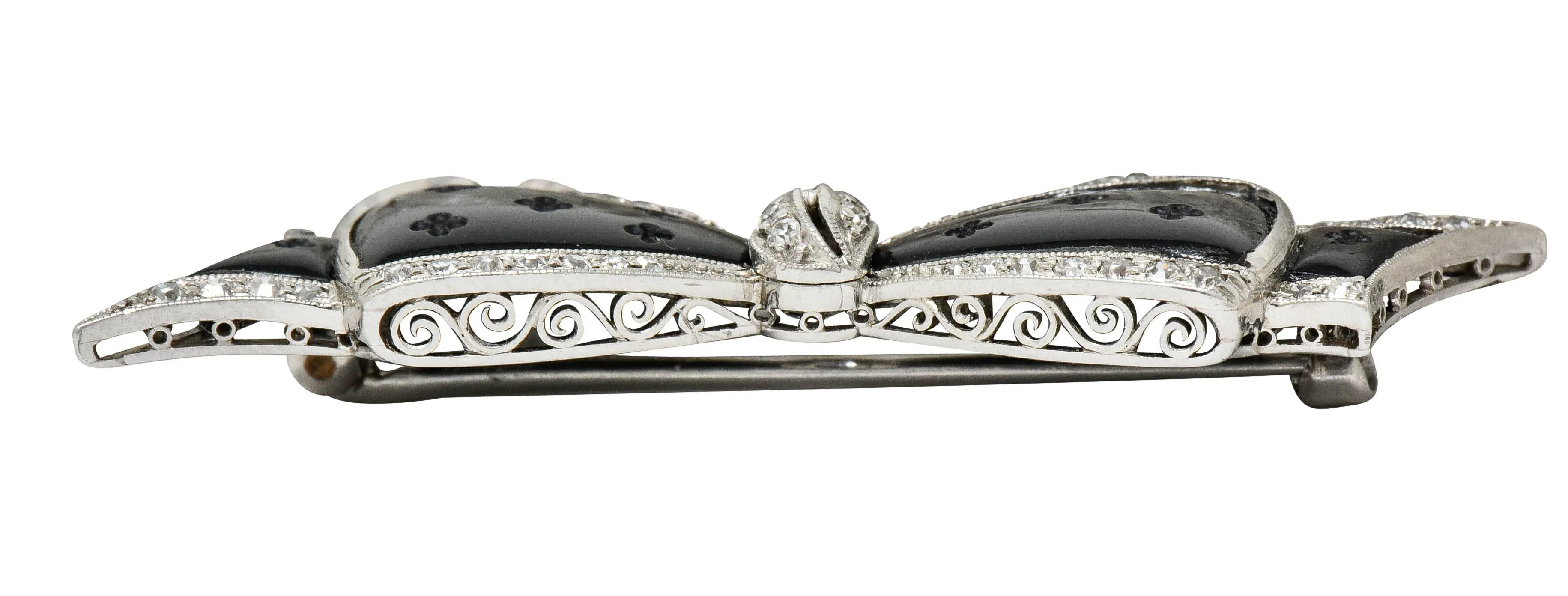 J.E. Caldwell Art Deco Diamond Onyx Platinum Bow Brooch