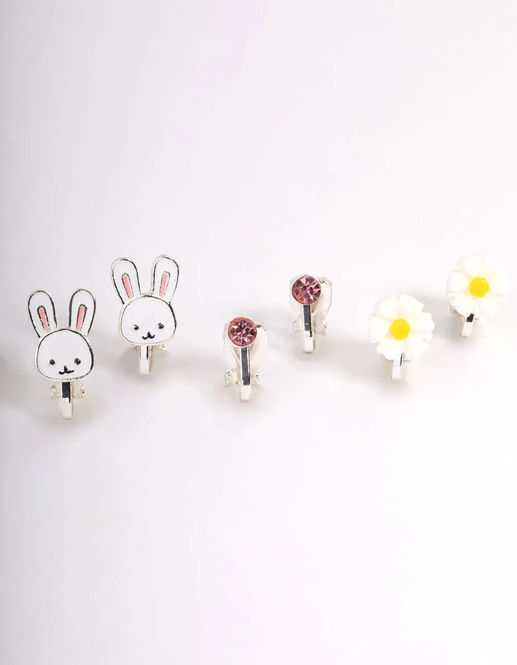 Kids Bunny Flower Clip On Earrings 6-Pack