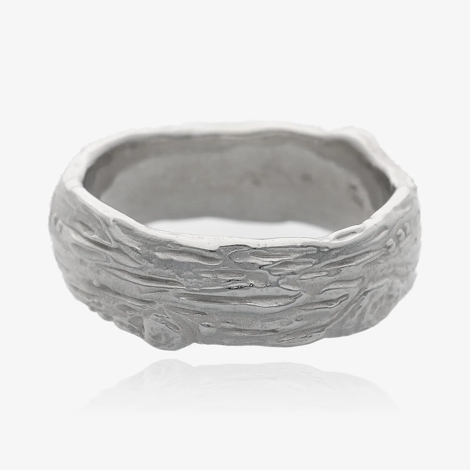 Knotted Tree Bark Textured Silver Domed Band