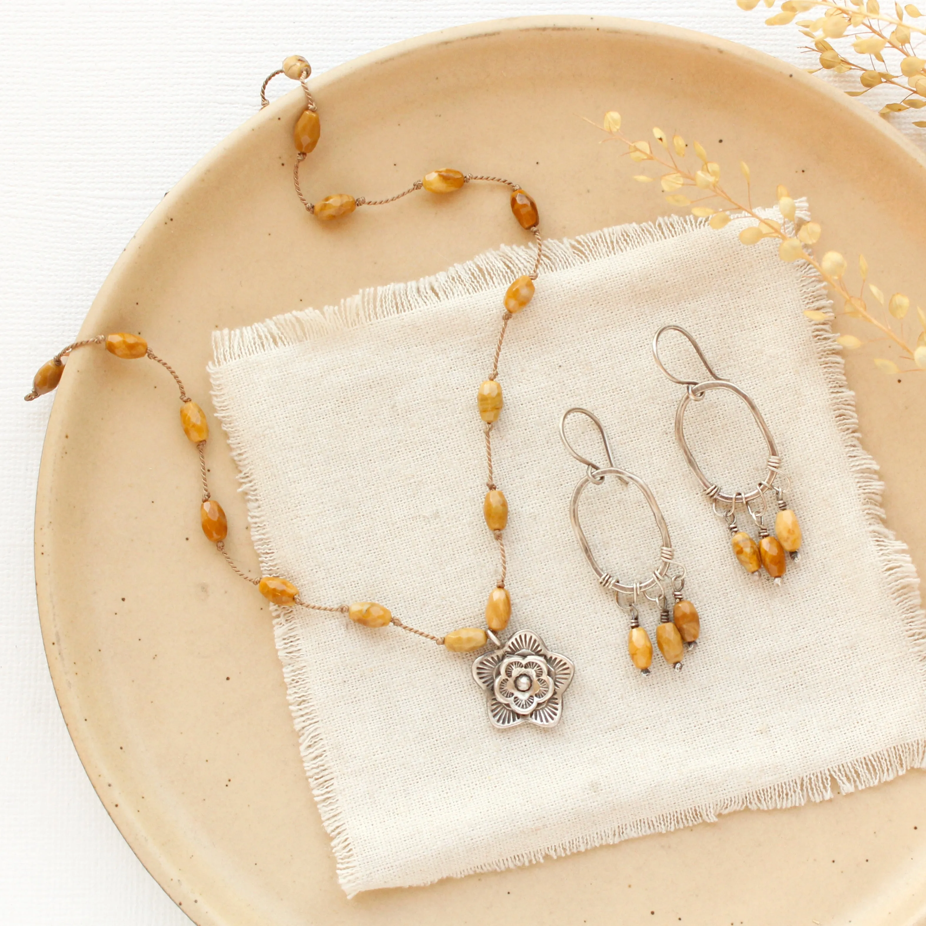 Knotted Yellow Feather Jasper Cactus Flower Necklace
