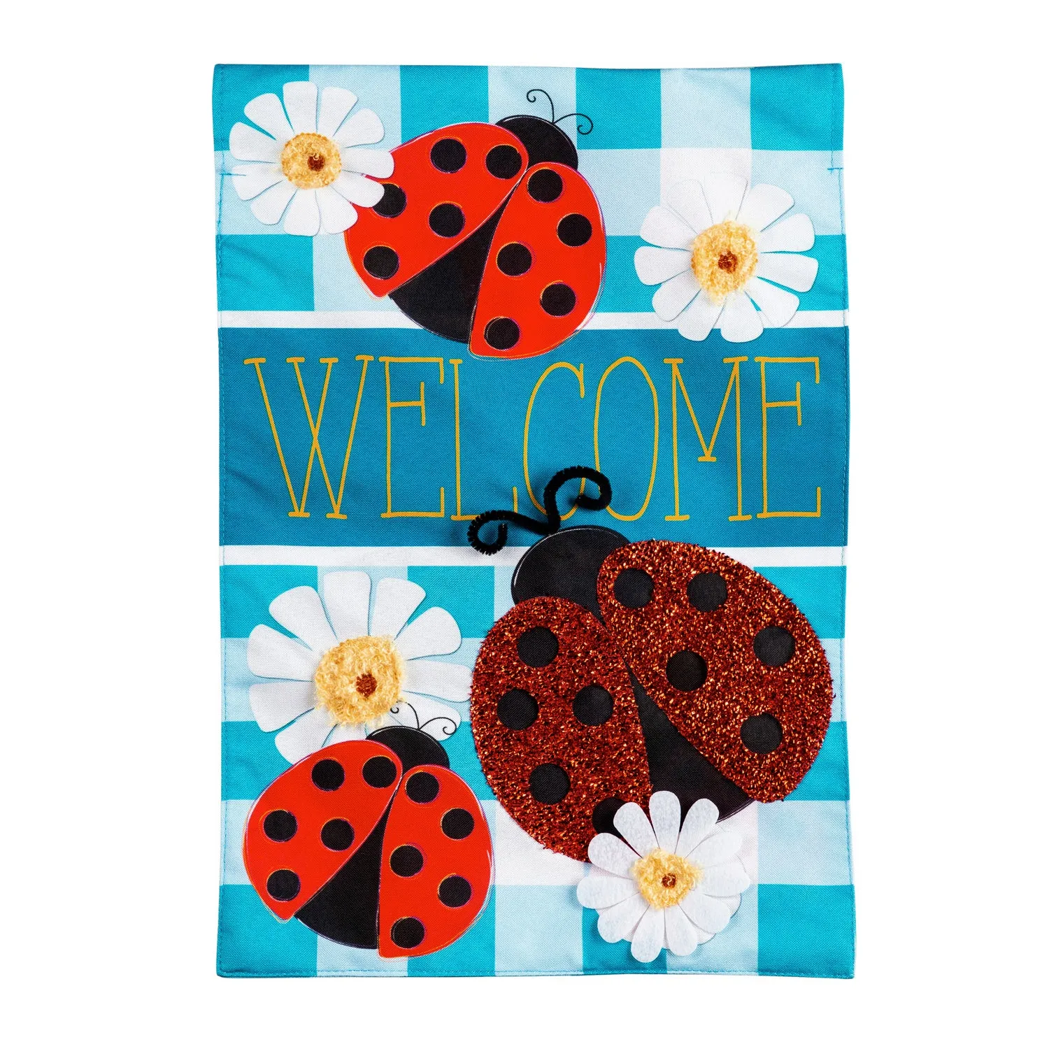 Ladybug Plaid Welcome House Linen Flag,13l9634