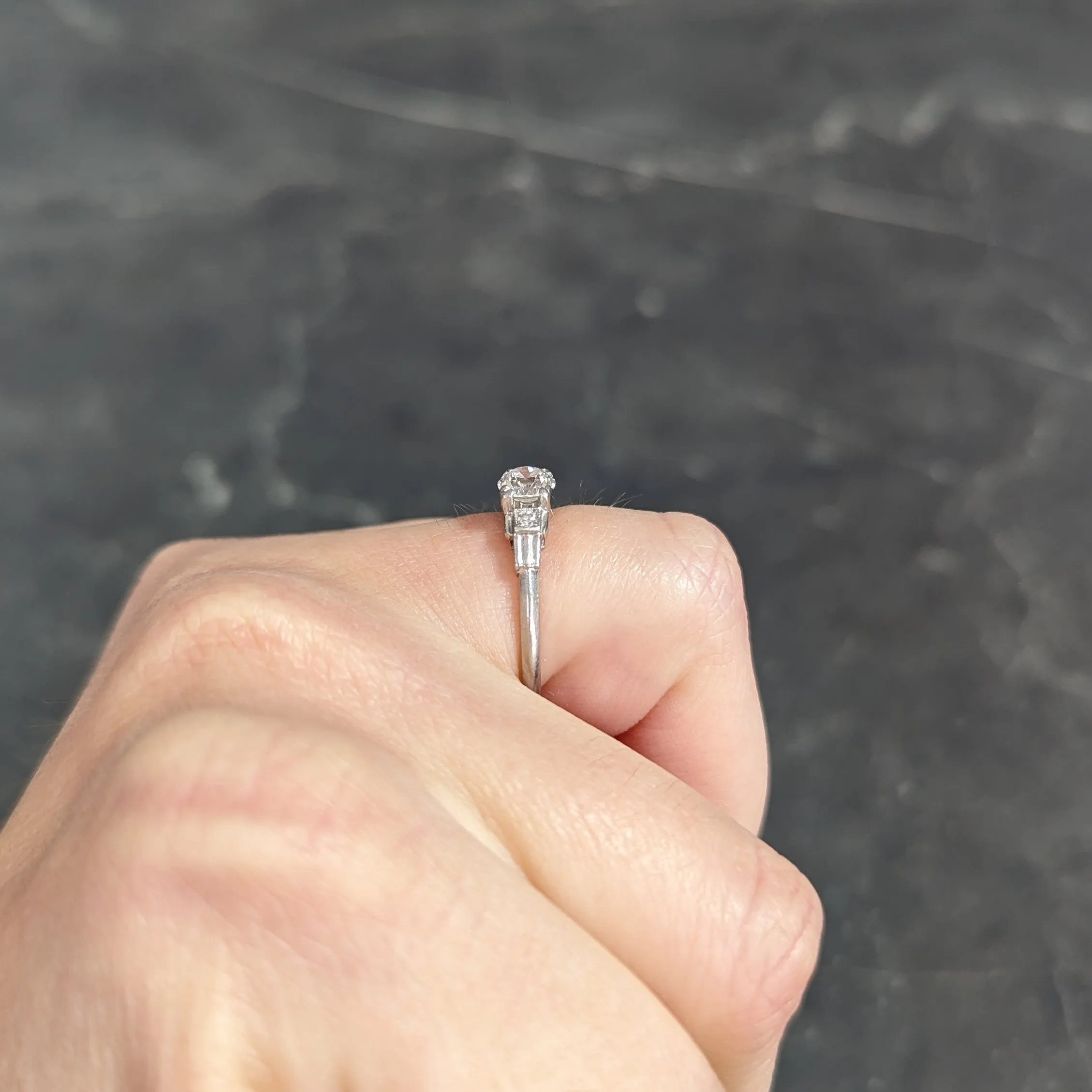 Late Art Deco 0.50 CTW Old European Cut Diamond Platinum Stepped Vintage Engagement Ring