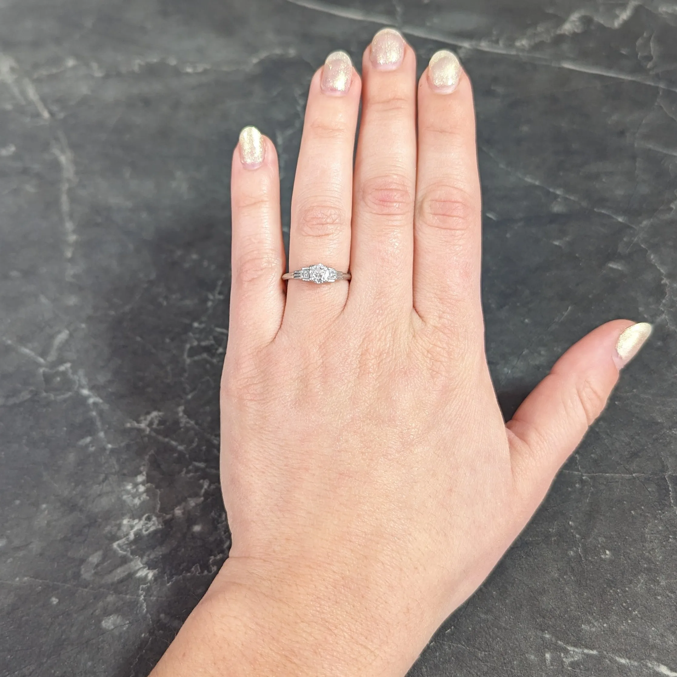 Late Art Deco 0.50 CTW Old European Cut Diamond Platinum Stepped Vintage Engagement Ring