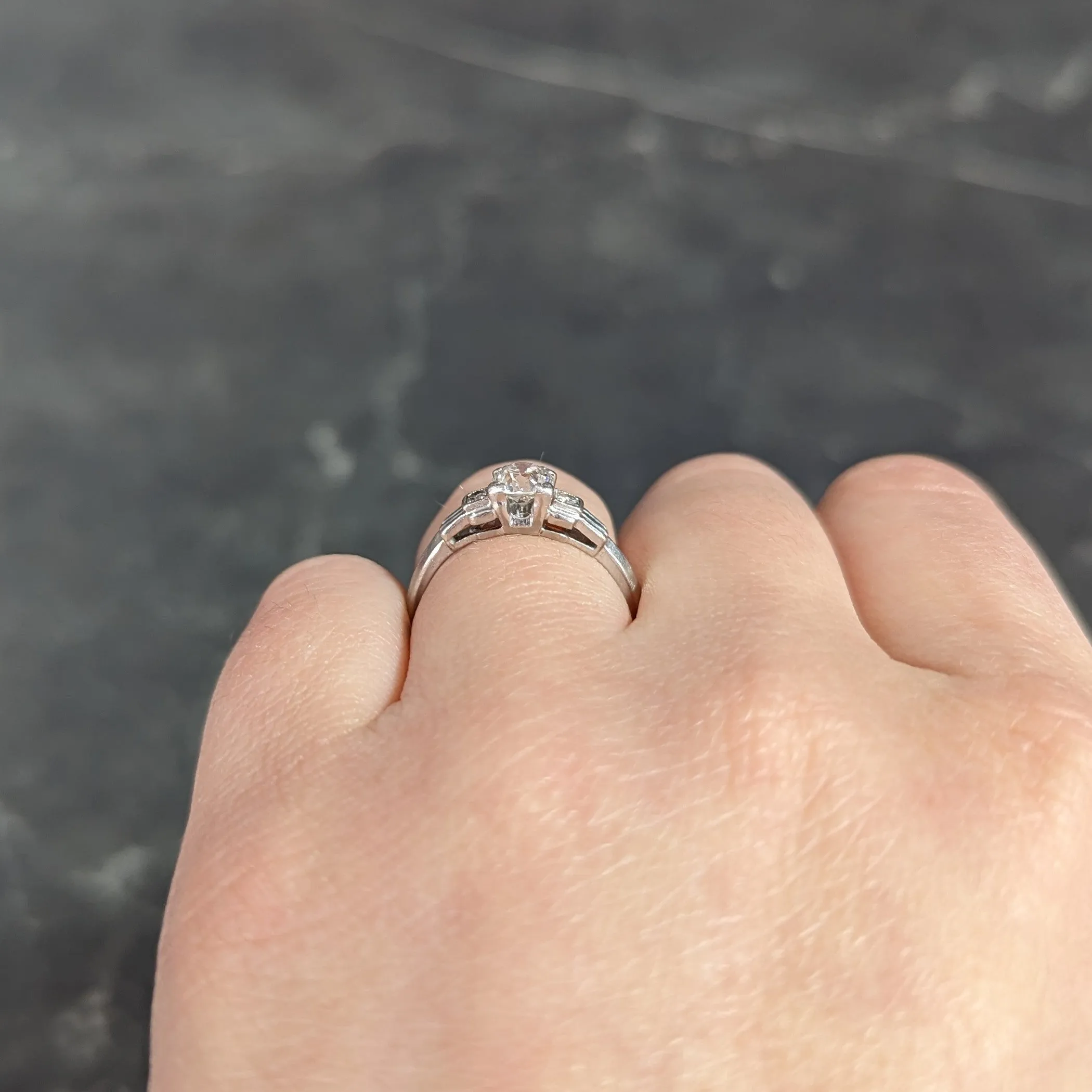 Late Art Deco 0.50 CTW Old European Cut Diamond Platinum Stepped Vintage Engagement Ring