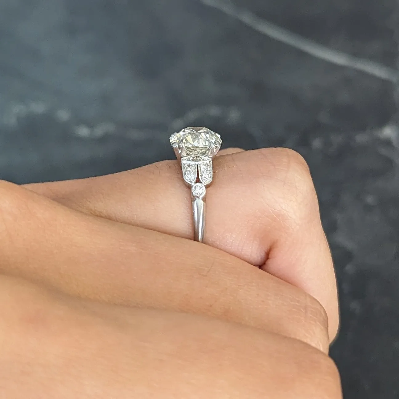 Late Art Deco 2.60 CTW Old European Cut Diamond Platinum Arch Engagement Ring