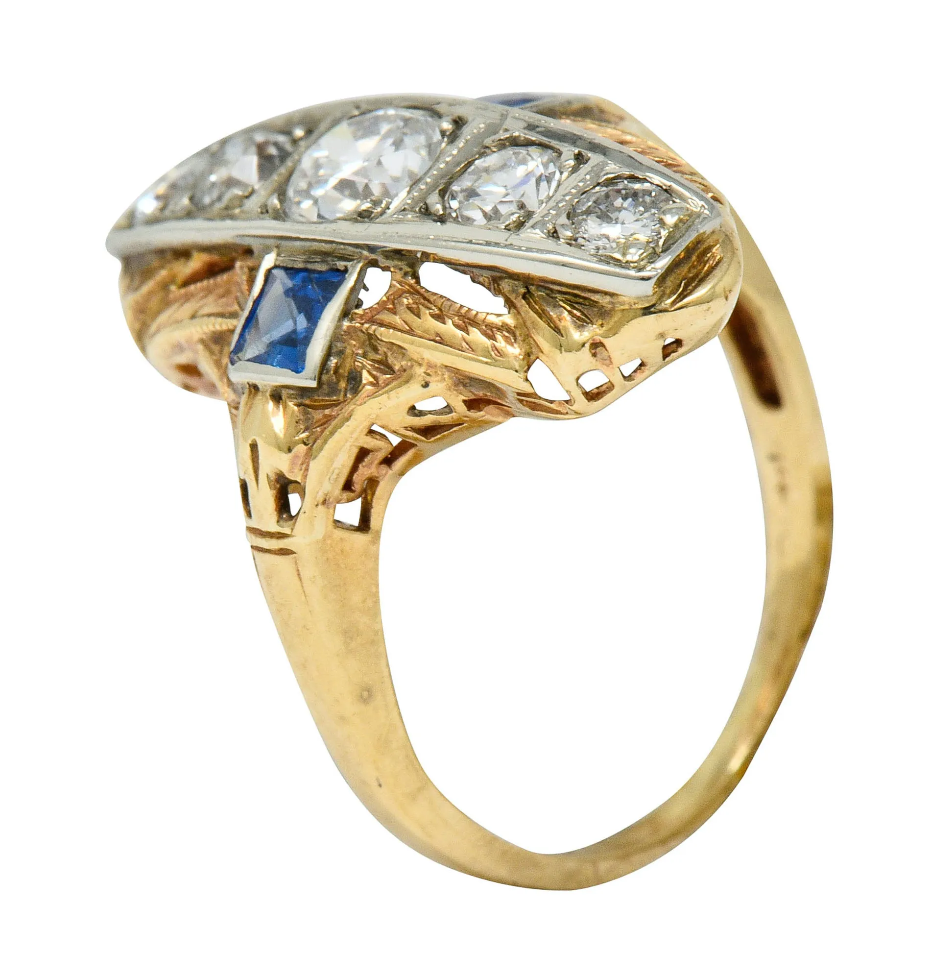 Late Edwardian Diamond Sapphire Platinum-Topped 14 Karat Gold Dinner Ring
