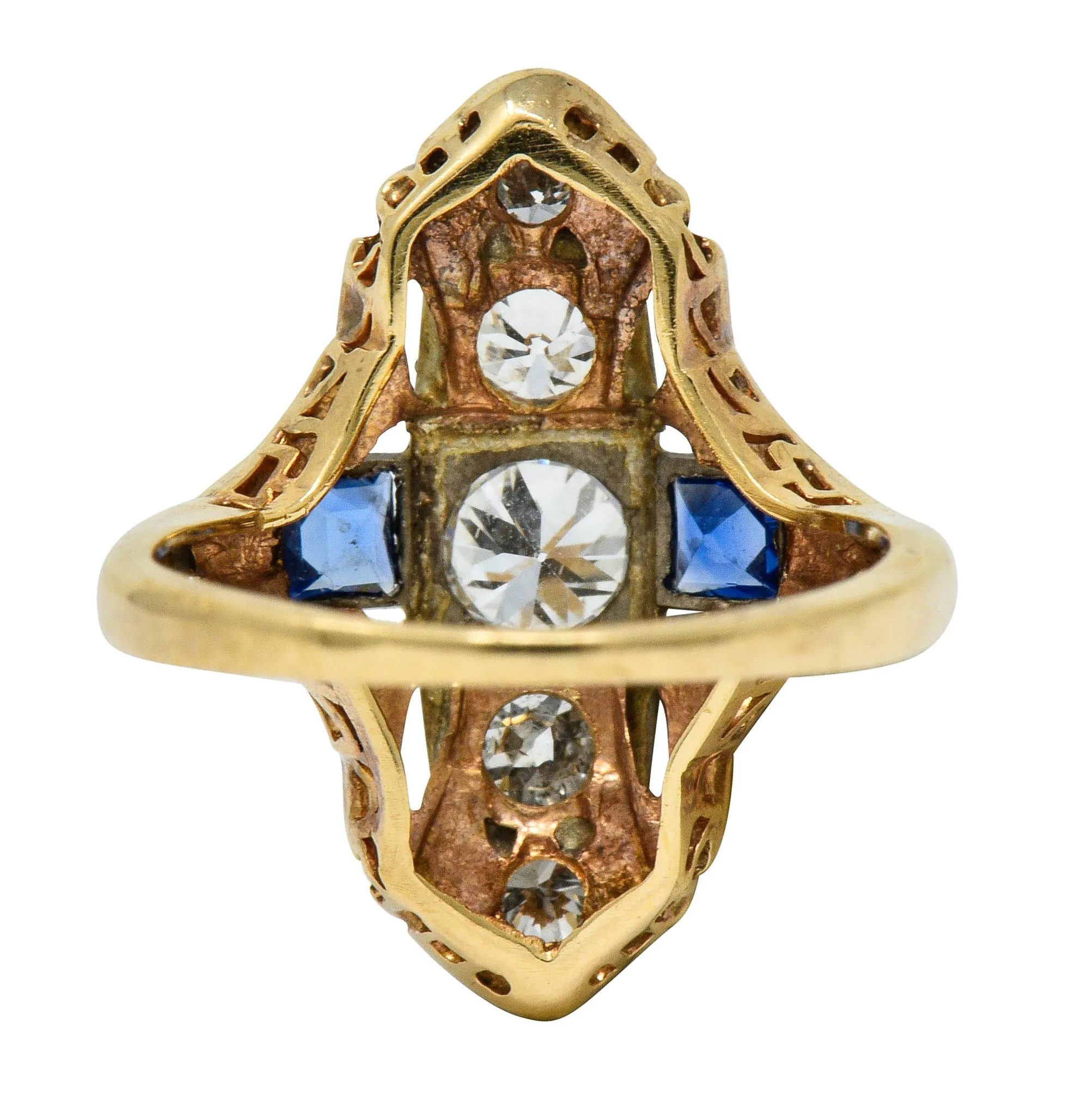 Late Edwardian Diamond Sapphire Platinum-Topped 14 Karat Gold Dinner Ring