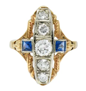 Late Edwardian Diamond Sapphire Platinum-Topped 14 Karat Gold Dinner Ring