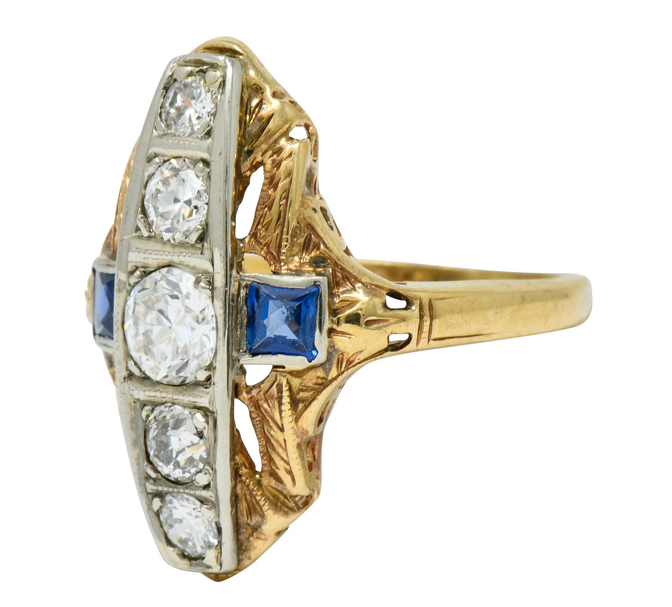 Late Edwardian Diamond Sapphire Platinum-Topped 14 Karat Gold Dinner Ring