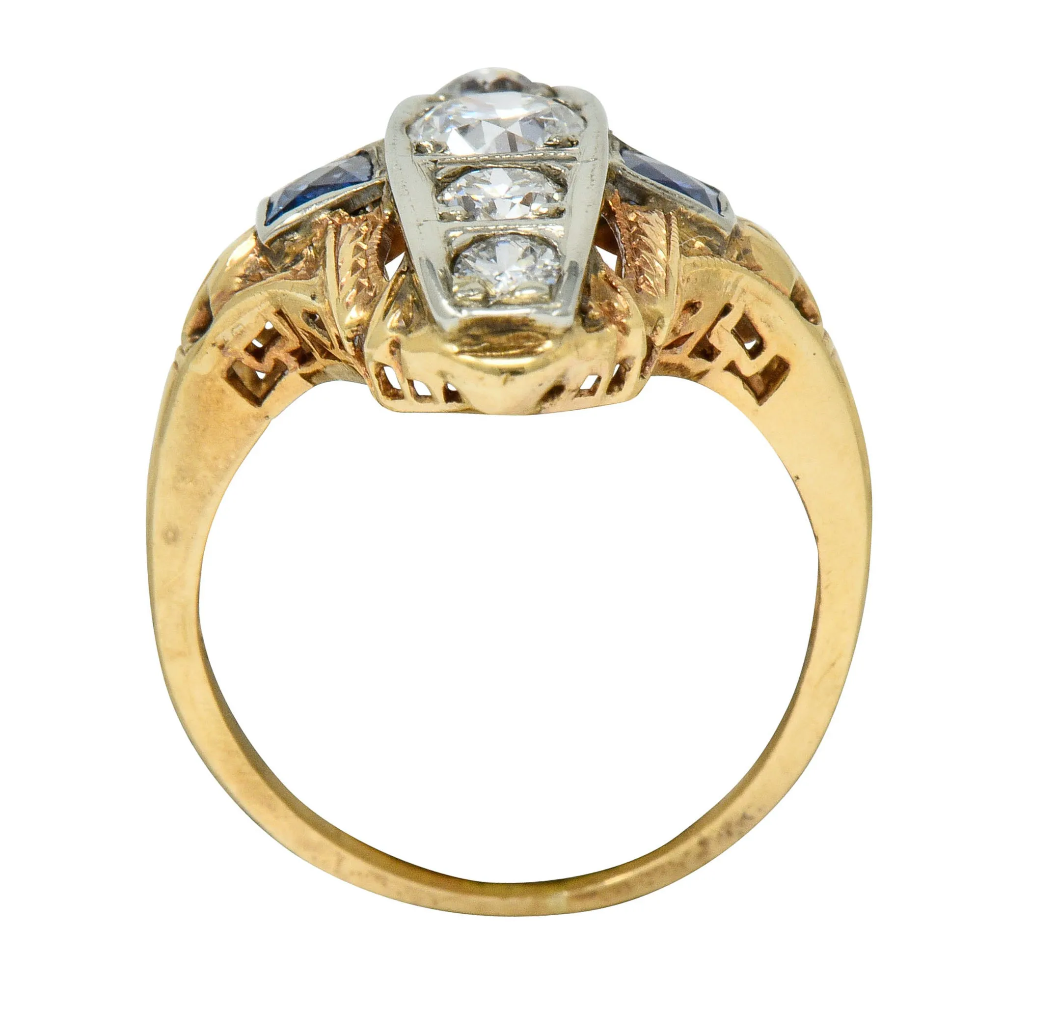 Late Edwardian Diamond Sapphire Platinum-Topped 14 Karat Gold Dinner Ring